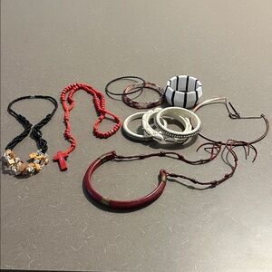 Misc jewelry lot- bangles, choker necklaces, red wood cross, beaded necklaces